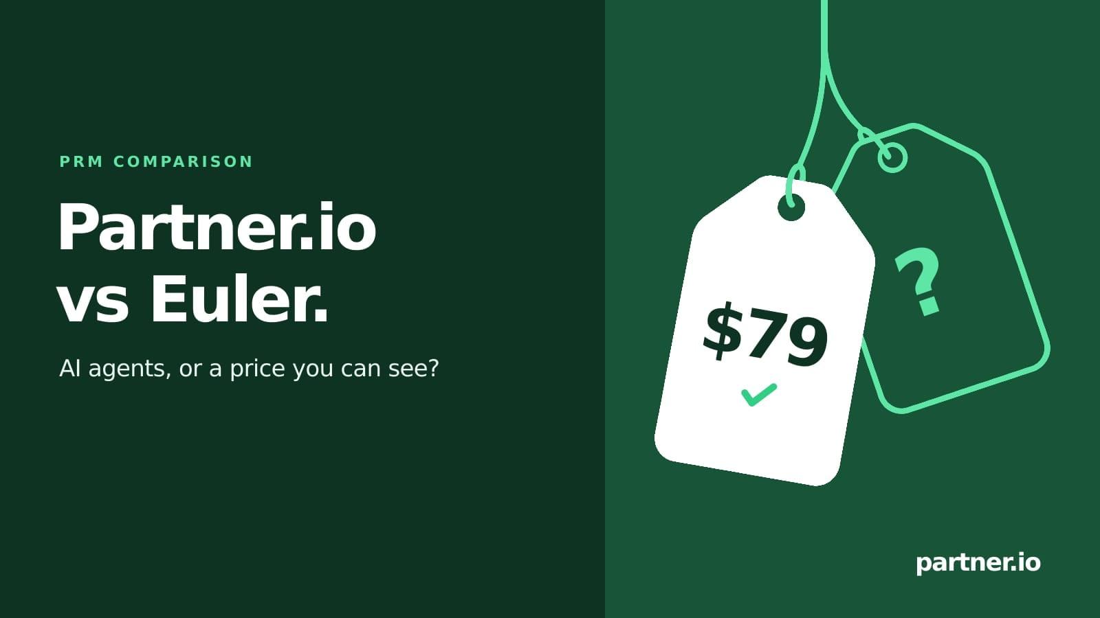 Partner.io vs Euler PRM comparison: a $79 price tag next to a price tag with a question mark